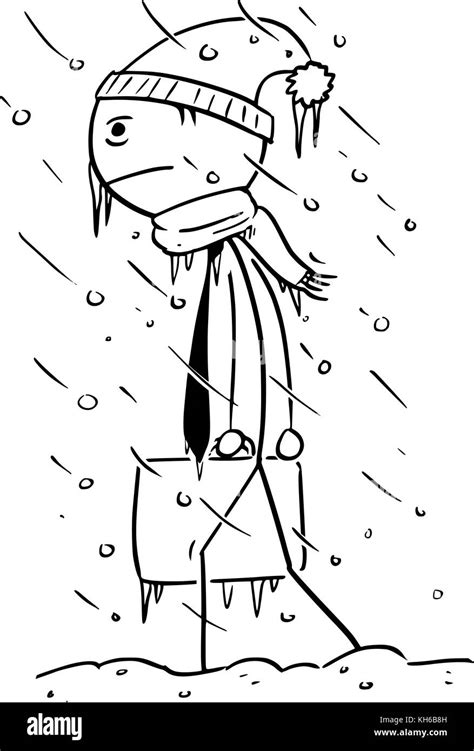 Cartoon stick man drawing illustration of cold chilled businessman walking to office during ...