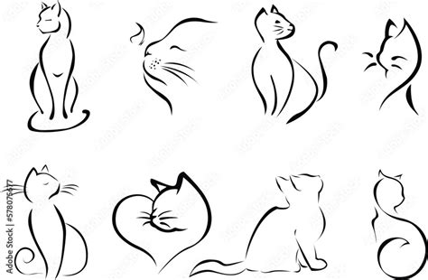 Cat Drawing Silhouette Set. Cats Line Art Hand Drawn Style, Kitten Outline Vector illustration ...