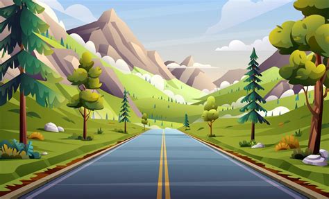 Asphalt road in mountain valley landscape illustration. Nature highway through meadow and trees ...