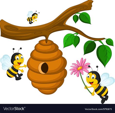 Bees cartoon holding flower and a beehive Vector Image