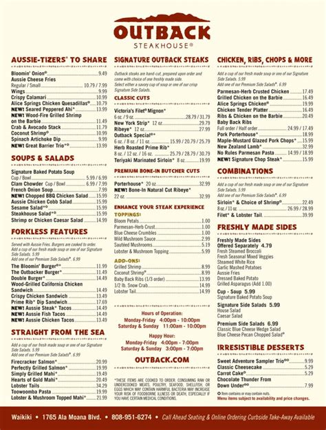 Outback Steakhouse Printable Menu With Prices