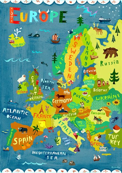 Europe Map Illustration / Digital print poster / Kids Room | Etsy