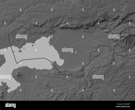 Kisumu, county of Kenya. Grayscale elevation map with lakes and rivers ...