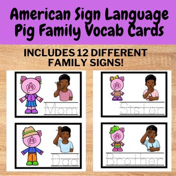 American Sign Language (ASL) Pig Family Vocab Cards by AM Preschool Designs