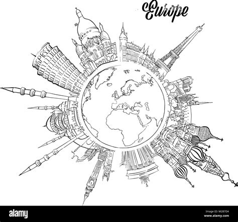 Famous European Landmarks on Globe. Hand drawn outline illustration for ...