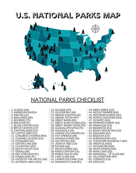 U.S. National Parks Map with All 63 Parks (Printable) | Us national parks map, National parks ...