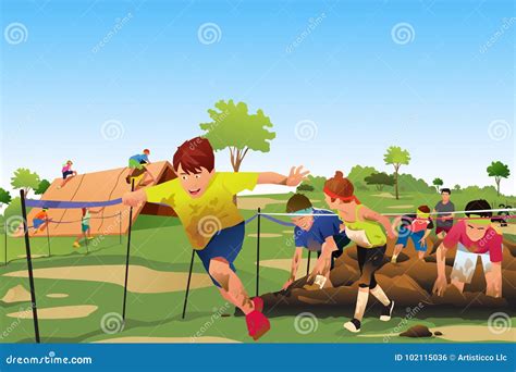 Kids Competing in a Obstacle Running Course Competition Stock Vector ...