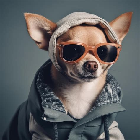 Premium AI Image | PHOTO A small dog wearing a hoodie and sunglasses ...