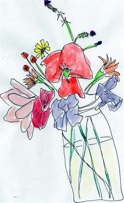 line drawn with watercolour-summer flowers | Summer flowers, Line drawing, Painting