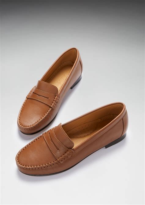 Women's Penny Loafers Leather Sole, tan leather - Hugs & Co.