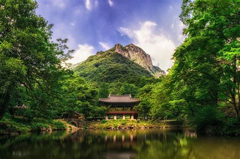 nature, Landscape, Mountain, Trees, Forest, House, Lake, South Korea, Clouds, Reflection, Bridge ...