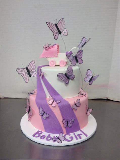 Butterfly Baby Shower Cake- pink and lavender ribbons and butterflies with a baby carriage ...