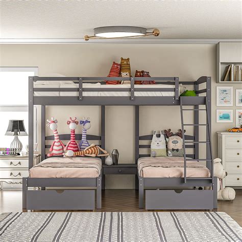 Veryke Full Over Twin & Twin Triple Bunk Bed with Drawers Gray ...