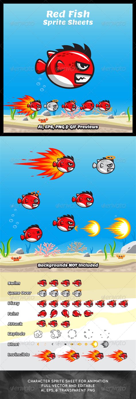 Red Fish Game Character Sprite Sheets by bevouliin | GraphicRiver