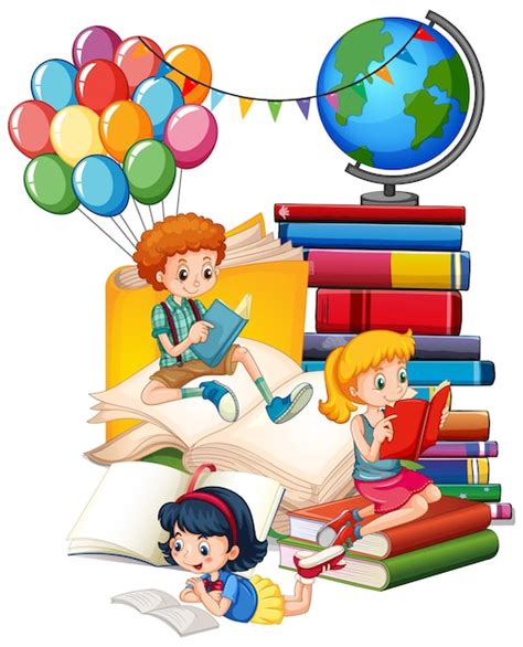 Free Vector | Three children are reading books on a stack of books