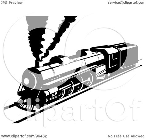 Royalty-Free (RF) Clipart Illustration of a Black And White Steam Train On A Straight Railway by ...