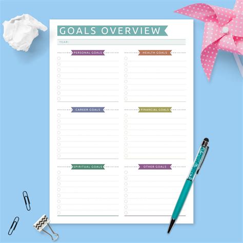 Yearly Goals Overview - Colored Design Template - Printable PDF