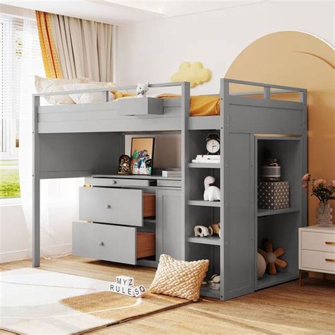 Harper & Bright Designs Gray Multifunctional Twin Size Wood Loft Bed with Rolling Cabinet, Desk ...