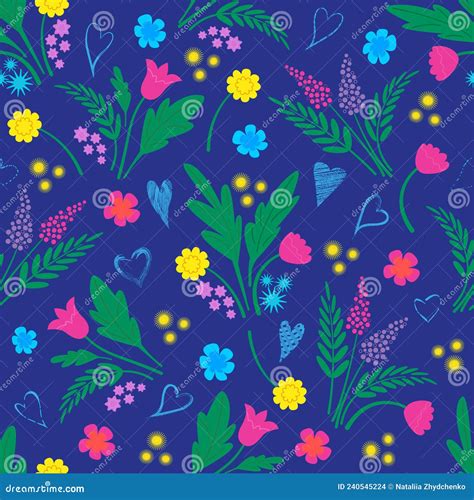 Seamless Colorful Floral Pattern on the Dark Blue Background Stock ...