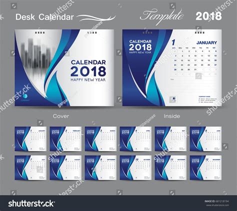 Desk Calendar 2018 template design, Purple cover layout, Set of 12 Months, creative idea ...