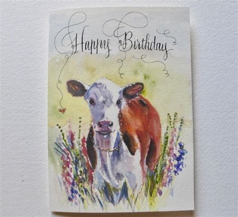 Happy Birthday Cow Card Watercolor Hereford Cow Card - Etsy