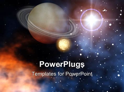 PowerPoint Template: Ringed planet Saturn with moon stars and sun outer ...