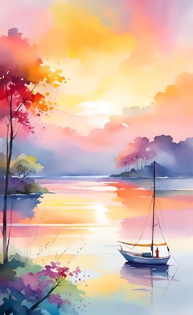 Premium Photo | Watercolor boat at sunset