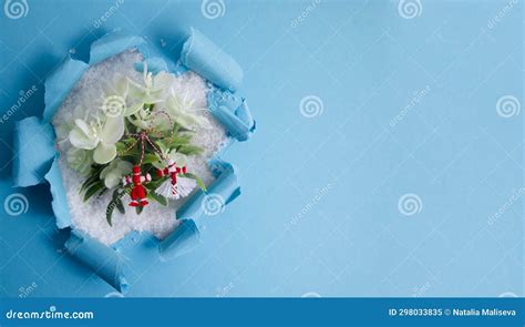 Martenitsa, Martisor with Flowers in the Snow on a Blue Background Flat Lay Copy Space Stock ...