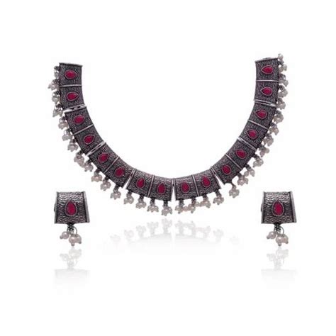 Brass Alloy Qxidized Red Stone Choker Necklace Set at Rs 480/set in Jaipur