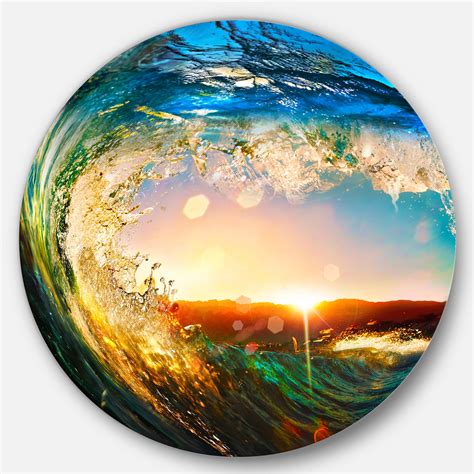 Designart Colored Ocean Waves Falling Down' Seashore Metal Circle Wall ...