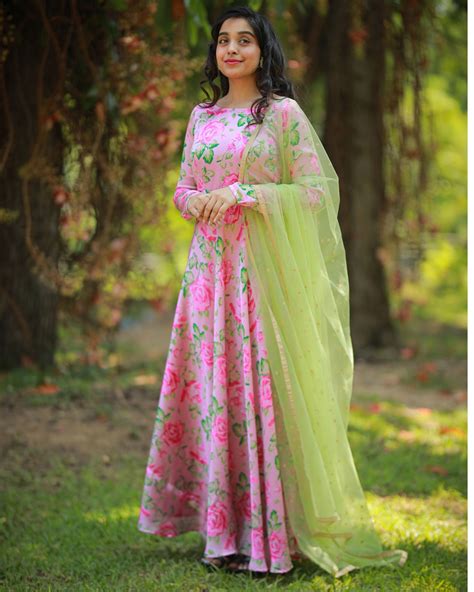 Pastel pink and green floral maxi dress with embroidered dupatta - Set ...