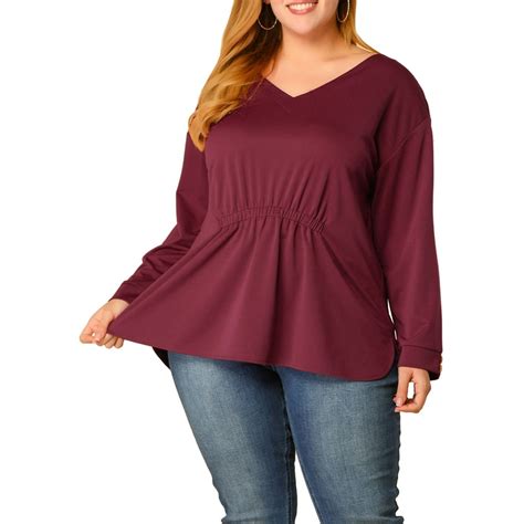 Unique Bargains - Women's Plus Size Tops V Neck Drawstring Casual Peplum Blouse - Walmart.com ...