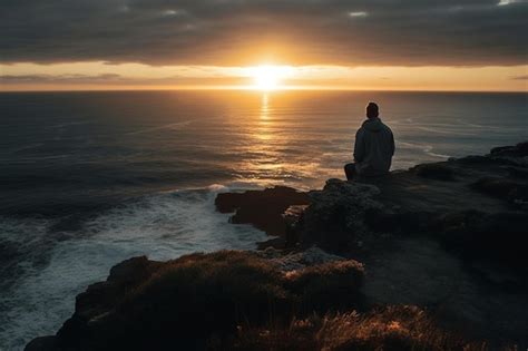 Premium Photo | A man sits on a cliff watching the sunset.