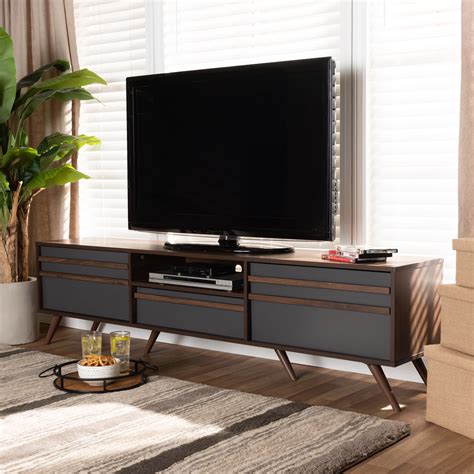 Baxton Studio Naoki Modern and Contemporary Two-Tone Grey and Walnut Finished Wood TV Stand with ...