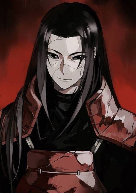 an anime character with long black hair and red eyes, wearing a dark ...