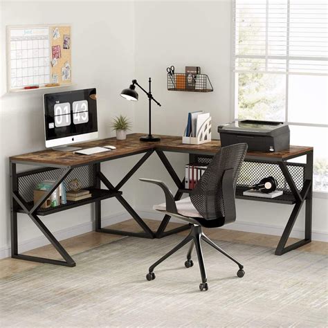 L Shaped Computer Desk With Open Storage Shelves Two Person Large | Images and Photos finder