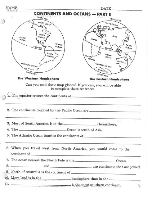 Continents And Oceans Worksheet For Grade 1