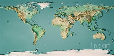 World Map 3D Render Topographic Map Color Digital Art by Frank Ramspott - Pixels