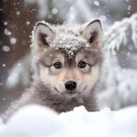 Cute Baby Wolf Puppy Playing in Winter Snow Portrait Generative AI ...