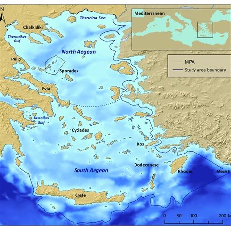 | Map of the Aegean Sea, depicting the study area boundary, the... | Download Scientific Diagram