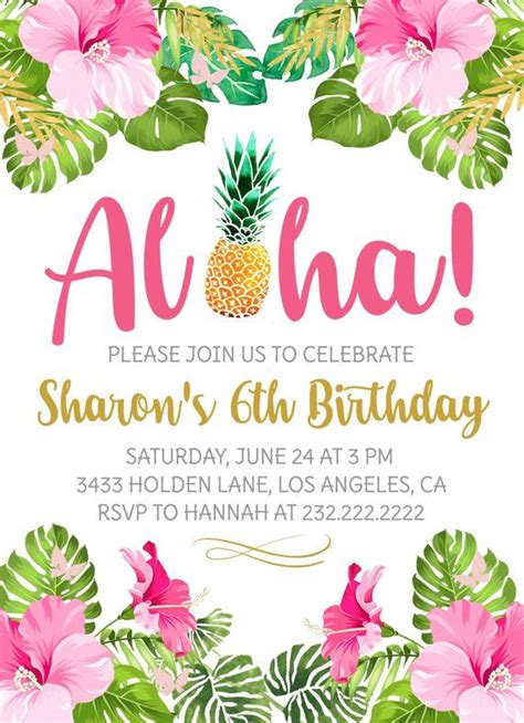 Aloha Birthday Party Invitation, Hawaiian Luau Invite Pineapple Girl ...