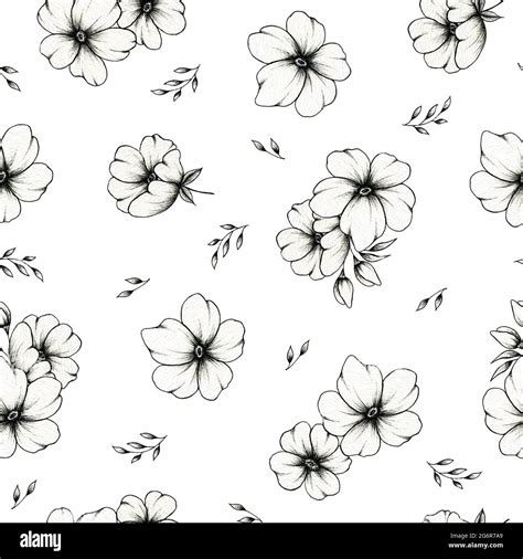 Seamless floral pattern design on white, black line drawing flowers, leaves and bouquet, graphic ...