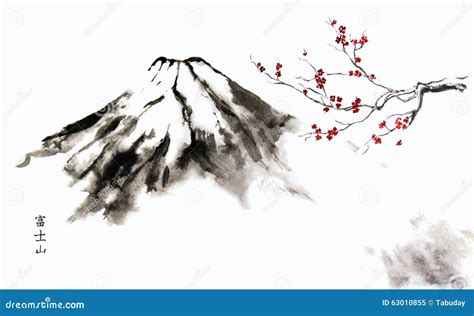 Mountain Fuji and Cherry Blossom Stock Illustration - Illustration of plant, peak: 63010855