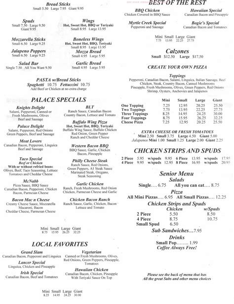 Menu at Pizza Palace pizzeria, Myrtle Creek