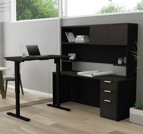 L-shaped Desk & Hutch with Height Adjustable Side, in Deep Gray & Blac – ComputerDesk.com