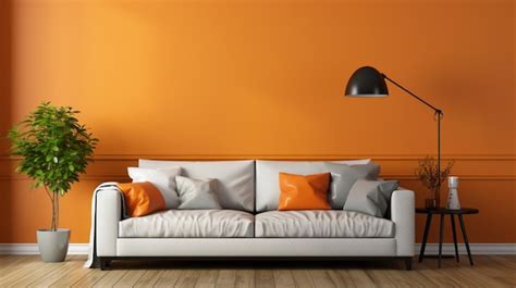 Premium AI Image | Orange wall and grey sofa with white classic door background Modern orange lamp