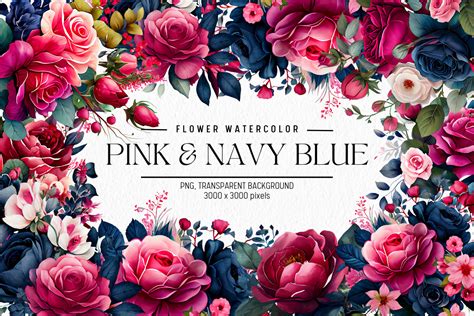 Pink & Navy Blue Flowers Watercolor Graphic by FOLV · Creative Fabrica