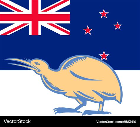 Kiwi Bird NZ Flag Woodcut Royalty Free Vector Image