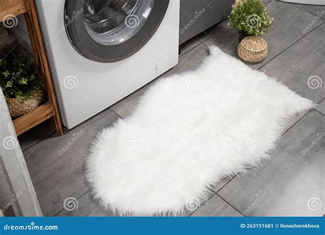 Fluffy White Rug in Ordinary Bathroom, Mockup Design Stock Image ...