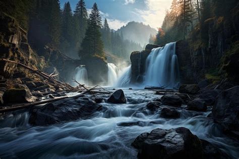 Premium AI Image | A waterfall in the forest with a mountain in the background.